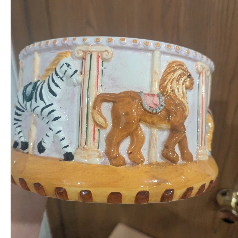 VTG Corning Factory Ceramic Carousel Cookie Jar Zebra CamelOstrich Giraffe Horse